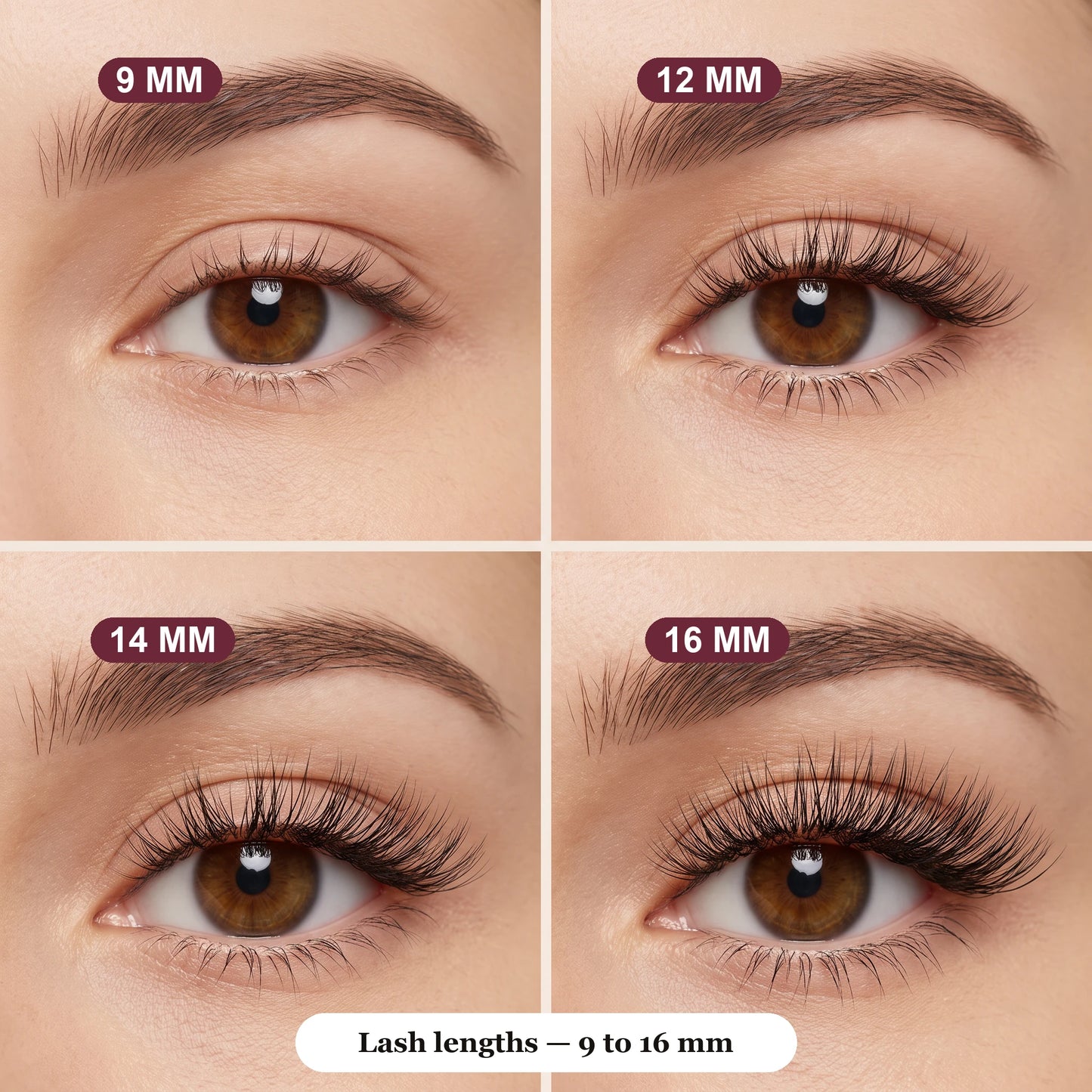 Vernay cluster lash lengths 9, 12, 14 and 16 mm shown worn on the eye