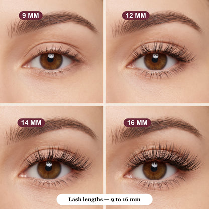 Vernay cluster lash lengths 9, 12, 14 and 16 mm shown worn on the eye